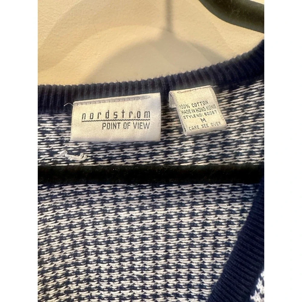 Vtg Nordstrom Point of View Navy Houndstooth‎ Cardigan Sweater Sz M 100% Cotton